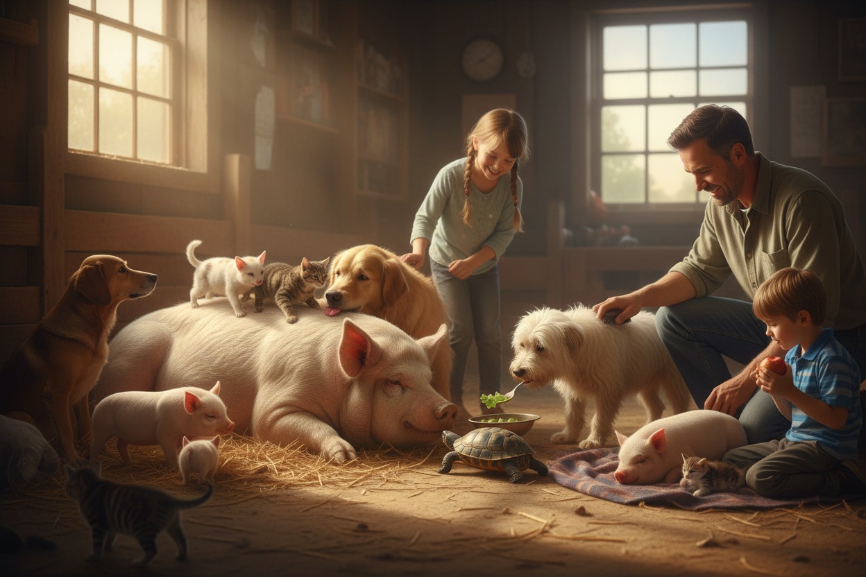 A family interacts with a variety of animals, including pigs, dogs, kittens, and a tortoise, inside a sunlit barn.